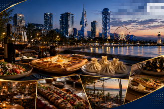 Outdoor seaside dinner scene: table with wine bottle, glass, salad, bread with egg, dumplings, and mussels against a dusk city skyline and ferris wheel coast view.