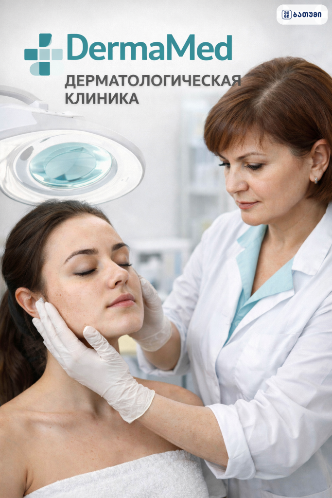DermaMed logo and the Russian clinic name ДЕРМАТОЛОГИЧЕСКАЯ КЛИНИКА with a doctor examining a woman's face under a medical light during a facial checkup