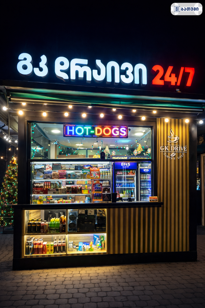 Night scene of a small fast-food kiosk with a bright HOT-DOGS sign and 24/7 in red, illuminated storefront, shelves of snacks and drinks inside, and a striped exterior paneling.