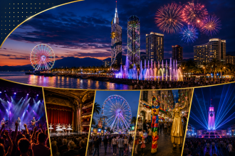 Nighttime city festival collage with a lit skyline, fireworks, and a large Ferris wheel by the harbor.