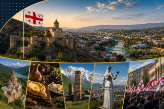 Georgian collage: fortress overlooking a city with the Georgian flag, plus panels showing a church, traditional foods, towers, a statue, and a flag-filled crowd.
