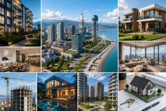 Collage of modern luxury real estate: coastal cityscape, high‑rise towers, and stylish interior living spaces.