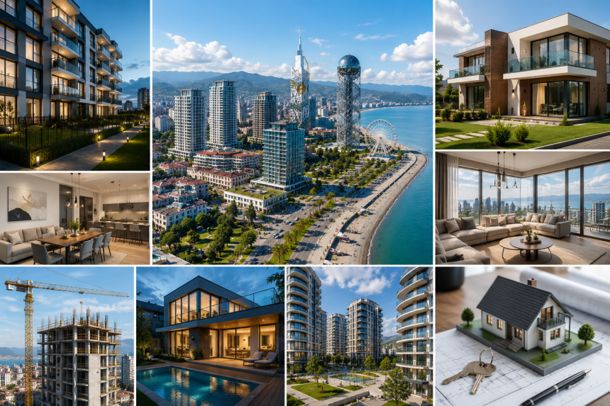 Collage of modern luxury real estate: coastal cityscape, high‑rise towers, and stylish interior living spaces.