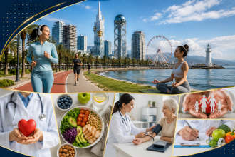 Wellness collage: runners along a seaside city bike path with a person meditating by the water and health images below.